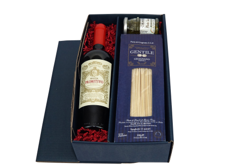 Präsent "Mangiare"  - Wein und Feinkost in hochwertiger Geschenkverpackung