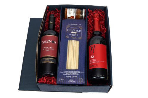 Präsent "Passione"  - Wein und Feinkost in hochwertiger Geschenkverpackung