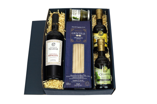 Präsent "Buon Gusto"  - Wein und Feinkost in hochwertiger Geschenkverpackung