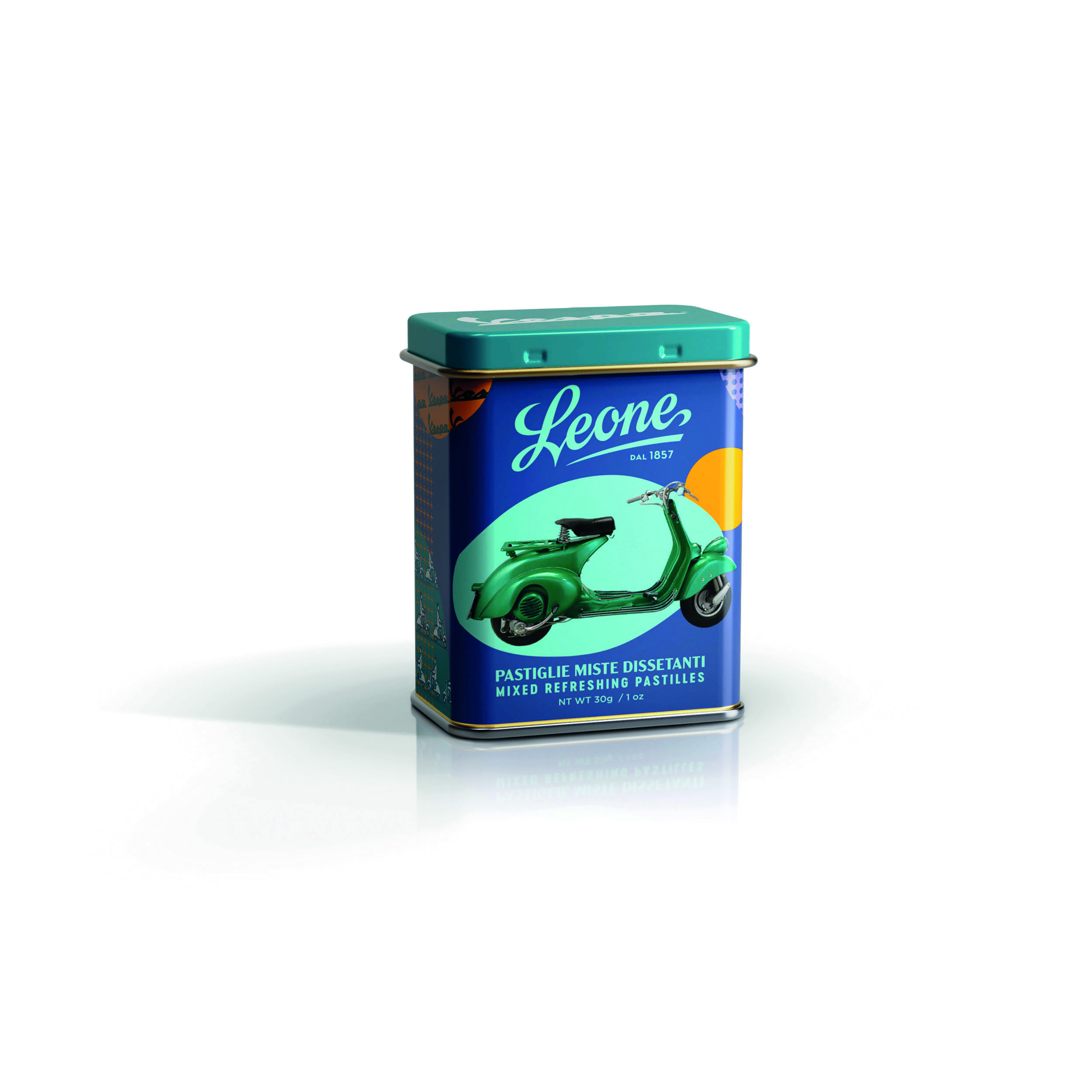 3750-LATTINA-30G-VESPA-FARO-BASSO Pastillen gemischte Früchte Vespa 125cc Dose 30g